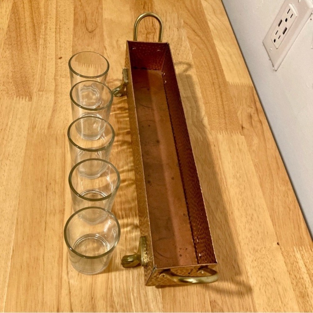 Hammered Metal Footed Container with 5 Glass Votive Holders Used Copper Colored - Picture 7 of 15
